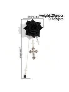 1pc Dark Gothic Baroque Rose Cross Tassel Brooch For Women, Vintage Court Style Accessory For Halloween Party, Ball, Nightclub - Black - View 5