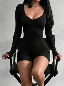 NOIRLYN Women's Autumn Y2K Sexy V-Neck Ruched Front Long Sleeve Fitted Romper Unitard Set, Suitable For Sports, Fitness And Casual Wear Black - Black - View 3