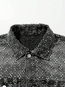 Áo khoác denim nam màu đen họa tiết hoa, cổ bẻ, nhiều túi, cài nút bấm, dáng rộng vai trễ, phong cách vintage, áo khoác ngoài - Màu xám đen - Xem 6