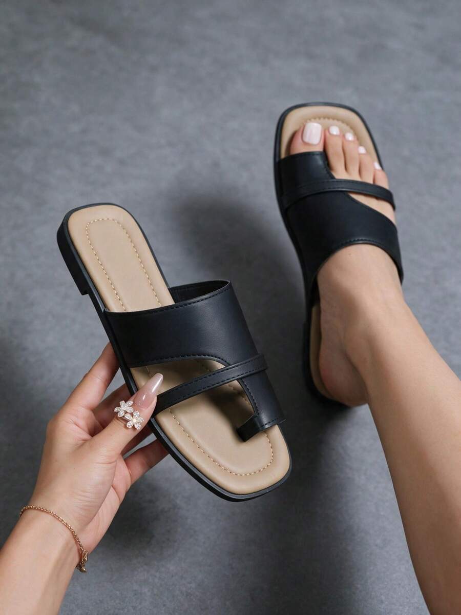 French Minimalist Square Toe Flat Slide Sandals For Women, Vintage Soft Sole Slippers, Versatile Commute Vacation Casual Beach Wear - Black - View 1