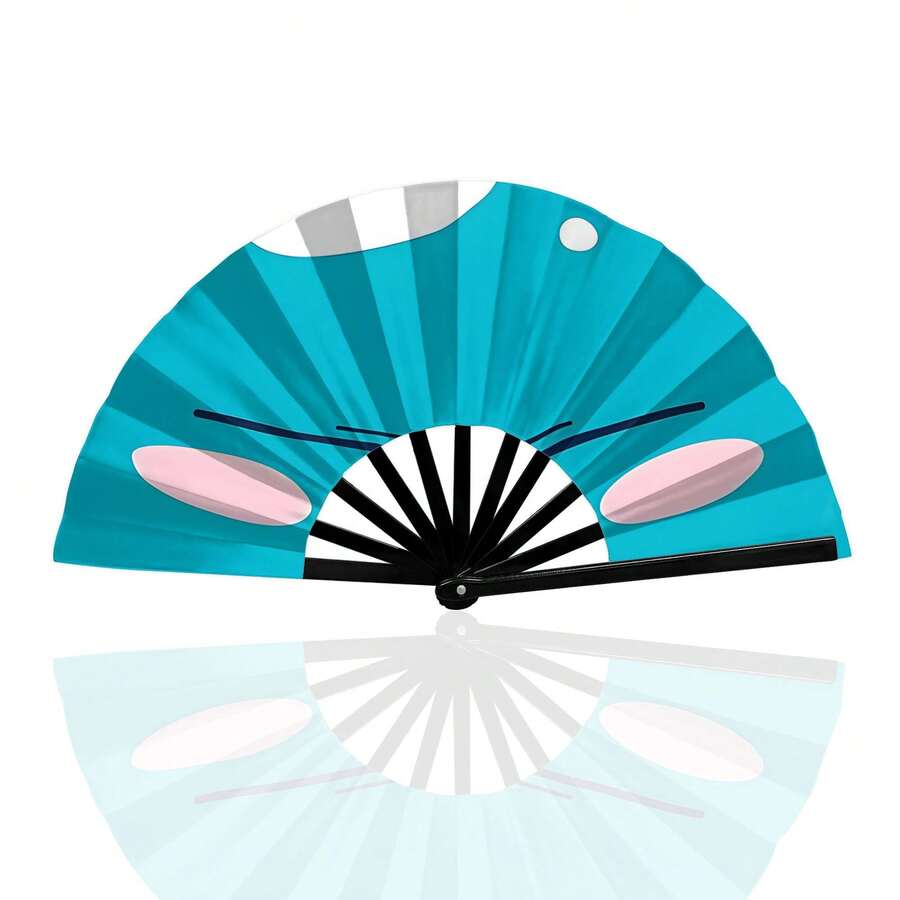 Fun Cartoon Blush Expression Kung Fu Sounding Fan, Lake Blue Fabric Folding Fan, Party Outfit Decoration Large Fan - Multicolor - View 1