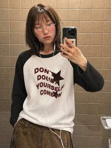 女款秋季新款 1件裝 緊身卡通印花 百搭休閒日常大學風拼接長袖圓領韓系上衣 - 白色 - 查看 3