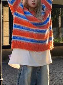 YCYC Dopamine Color Block Striped Knit Sweater Women Loose Casual Slouchy Pullover - Orange - View 5
