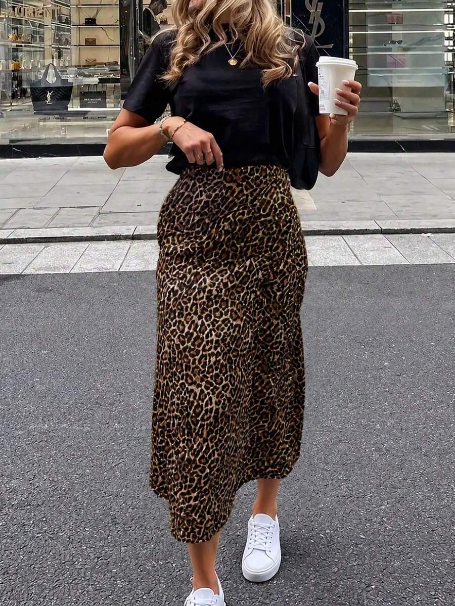 大尺碼女款四季豹紋裙,適合海灘、派對、戶外街拍、日常穿著、約會、返校季、教師節、通勤上班、辦公室、休閒度假、音樂節 - 棕色 - 查看 1