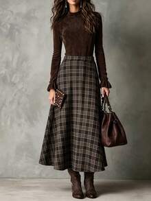 Women's New Wool Blend Plaid Casual Versatile Commute Daily Street Retro Style Flared Long Skirt, Autumn/Winter - Ash Brown - View 2