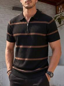 ALTZTAR Men's Striped Half-Zip Polo Shirt, Textured Knit Short Sleeve Top For Summer - Black - View 2