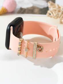 3pcs/Set Shiny Diamond Small Heart Glossy Decorative Fashion Zinc Alloy Ring Decor, Suitable For Silicone Watch Bands 38/40/41/42/44/45/49mm - Gold - View 5