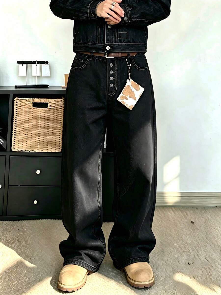 Men's Fashionable Retro Button Placket Loose Wide Leg Denim Jeans, Versatile Street Style Casual Long Pants - Black - View 1