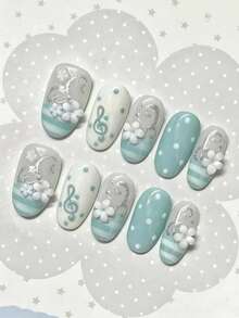 10pcs New Handmade Oval Press-On Nails, Fresh Summer Mint Cool Style, Semi-Transparent Mint Blue And Milky White Gradient Striped Base, 3D High Note Musical Symbol And White Flower, Silver Glitter Vine And Rhinestone Decor, Nail Art Supplies - Follow Your Heart - View 3