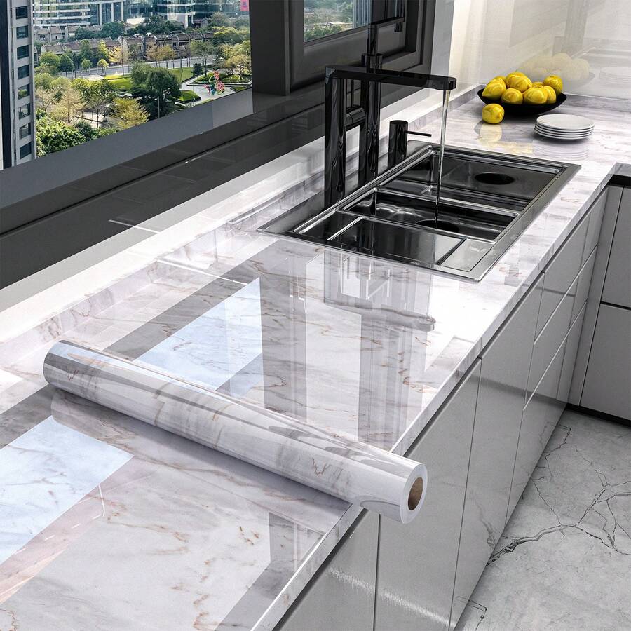 1 Roll Modern Self-Adhesive PET Aluminum Foil Wallpaper, Faux Marble Pattern Self-Adhesive Contact Paper, Peel And Stick, Waterproof And Heat Resistant Kitchen Oil-Proof Sticker, Removable Wall Paper, Suitable For Desk, Kitchen Countertop, Living Room Background Wall Decor - Multicolor - View 1