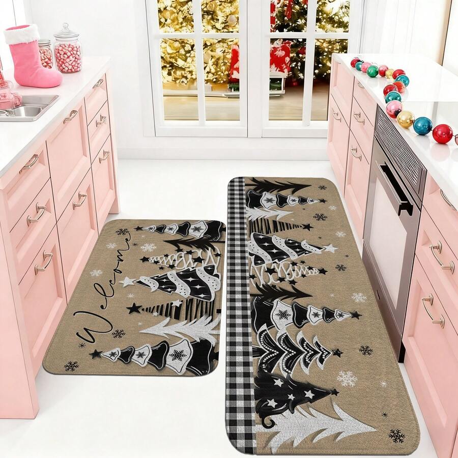 1/2/3pcs Christmas Theme Kitchen Rugs, Flannel Kitchen Rugs With Christmas Tree & Snowflake Pattern, Soft Comfortable Absorbent Non-Slip Machine Washable With Anti-Slip Backing, Multi-Functional Home Floor Mat For Entryway, Living Room, Bedroom, Kitchen, Dining Room, Bathroom, Laundry Room, Patio, Hallway, Holiday Decor Christmas Arrangement - Multicolor - View 1