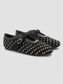 ADAMUMU Black Velvet Full Gold Rivet Mary Jane Shoes, Square Toe Soft Sole Adjustable Single Strap, Sweet Cool Vintage Comfortable For Long Wear - Black - View 3