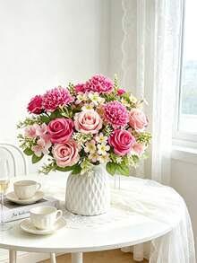1pc/3pcs Artificial Silk Rose Bouquet With Daisy And Dandelion, Bulk Wholesale For Wedding, Home, Party Decoration And Table Centerpiece - Hot Pink - View 1