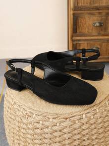 XBYASDF Women's Black Suede Square Toe Chunky Heel Pumps, Cross Strap Buckle Backless 3cm High Heel Sandals, Elegant Commute Office Wear - Black - View 6