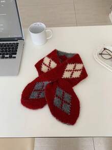 1PC Women's Casual Retro Colorblock Diamond Pattern Knitted Scarf, Versatile Warm Neck Warmer - Multicolor - View 9
