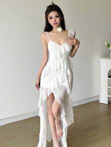 Women's Sexy White Spaghetti Strap Midi Dress, Sleeveless Spaghetti Strap Design With Fashionable Ruffle And Asymmetrical Hem - White - View 1