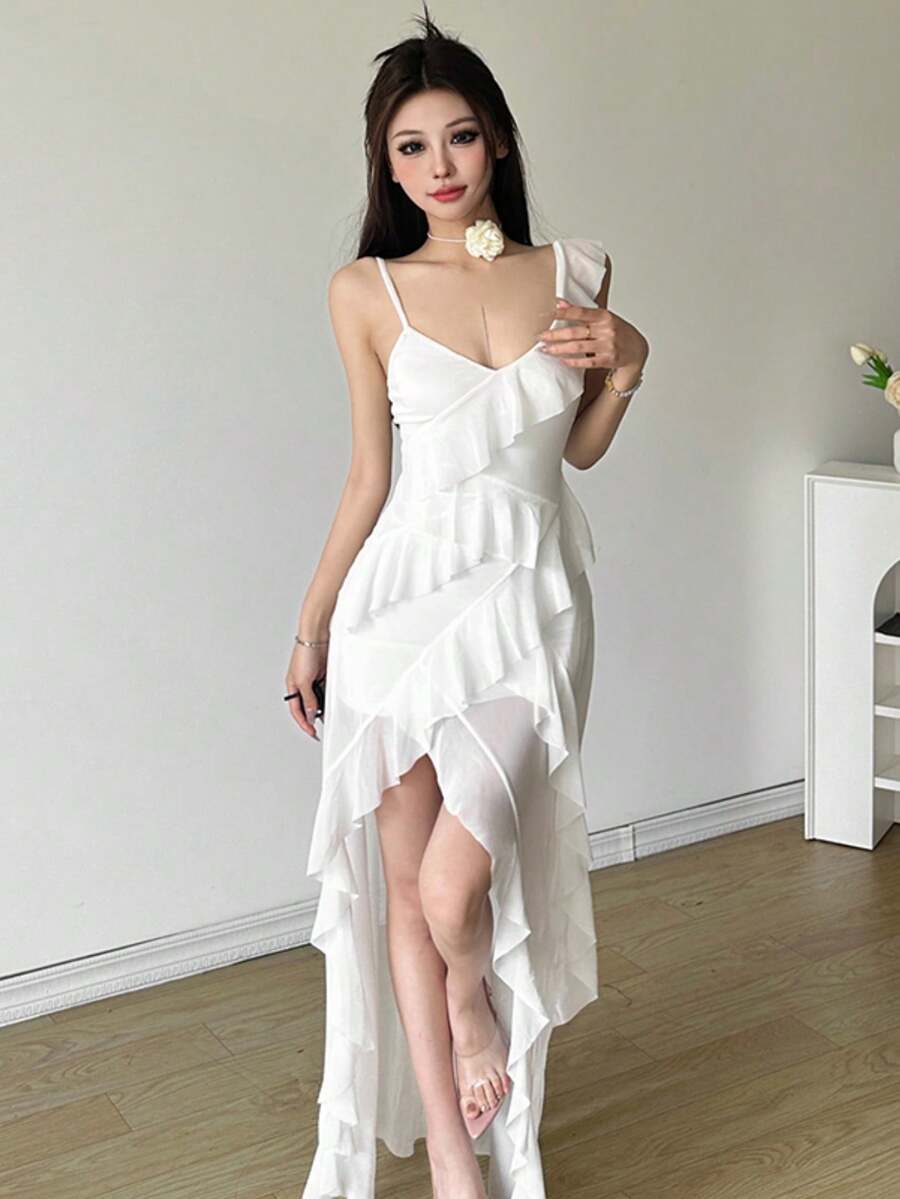 Women's Sexy White Spaghetti Strap Midi Dress, Sleeveless Spaghetti Strap Design With Fashionable Ruffle And Asymmetrical Hem - White - View 1