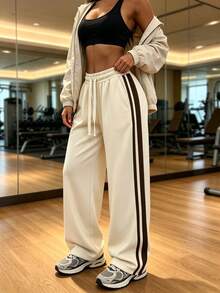 Fall Women Elastic Waist Side Contrast Stripe Wide Leg Sweatpants, Relaxed Fit Daily Casual Track Pants - Apricot - View 4