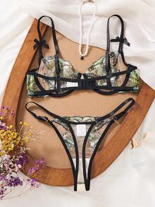 1 Set 2pcs Women's Embroidered Floral Butterfly Lingerie, Comfortable Home Style Ultra Short Top And Thong, Valentine's Day Gift - Green - View 10