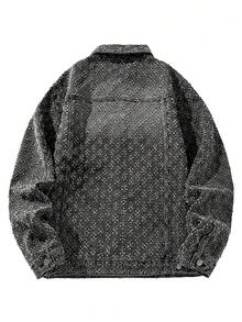 Áo khoác denim nam màu đen họa tiết hoa, cổ bẻ, nhiều túi, cài nút bấm, dáng rộng vai trễ, phong cách vintage, áo khoác ngoài - Màu xám đen - Xem 5