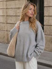 YuwenierPOP Simple Casual Gray Knit Sweater Crew Neck Oversized Women Drop Shoulder Loose Long Sleeve Pullover Campus Autumn Winter Commute Outfit - Grey - View 6