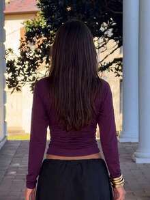 Solid Color Long Sleeve Fashion V-Neck Waist-Cinching Women's T-Shirt Top - Purple - View 7