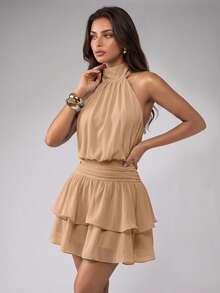 Elegant Fashion Halter Neck Backless Layered Ruffle Mini Dress Wedding Party Fall - Khaki - View 6