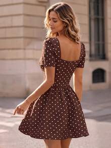 Perirose Women's BrownPolka Dot Square Neck Puff Sleeve Fit And Flare Mini Dress, Summer Fall Vacation Date Brunch Feminine A-Line Sundress - Brown - View 2