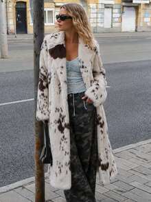 MUMRAP Women's Winter Printed Lapel Faux Fur Long Coat, Casual Fashion Long Sleeve Loose Warm Jacket - Multicolor - View 3