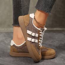 New Textured Double Buckle Decor Colorblock Retro German Training Casual Women's Shoes, Patchwork Retro Upper, Flat Sole Fitting Foot Shape, Comfortable For Long Walks, Versatile Board Shoes For Lazy Retro Daily Looks - Brown - View 7