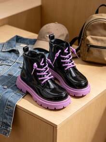 1 Pair Black Purple Girls Color Block Ankle Boots, Patent PU Lace Up Side Zipper Chunky Sole Combat Boots, Kids Round Toe Boots For School Daily - Purple - View 7