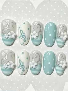 10pcs New Handmade Oval Press-On Nails, Fresh Summer Mint Cool Style, Semi-Transparent Mint Blue And Milky White Gradient Striped Base, 3D High Note Musical Symbol And White Flower, Silver Glitter Vine And Rhinestone Decor, Nail Art Supplies - Follow Your Heart - View 8