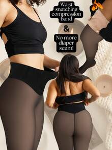 220g Fleece Lined Tights – Seamless Stitching, Faux Sheer, Warm. Suitable For Winter Sports, Yoga, Outdoor And Travel. - Black - View 5