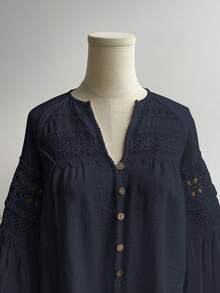 Rusttydustty Women's Standard Size Long Sleeve Blue Lace Blouse, Casual Vacation Bohemian Style, Suitable For Autumn - Navy Blue - View 8