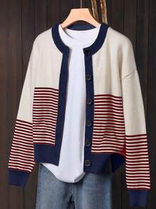 Women's Navy Blue Striped Colorblock Button-Front Cardigan Sweater, Slouchy, Suitable For Autumn/Winter - Navy Blue - View 1