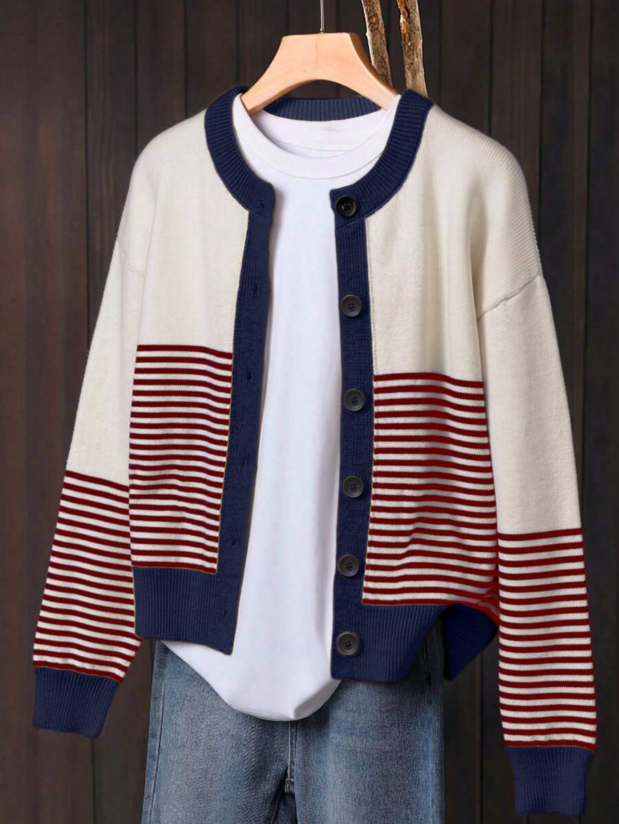 Women's Navy Blue Striped Colorblock Button-Front Cardigan Sweater, Slouchy, Suitable For Autumn/Winter - Navy Blue - View 1