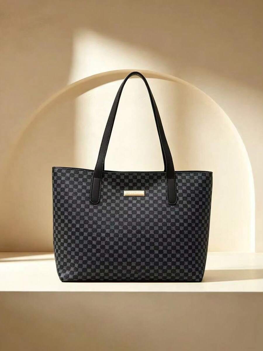 Men's Vintage Checkered Tote Bag Large Capacity Business Briefcase Shoulder Bag Multifunctional Work Office Laptop Handbag For Daily Commute Travel - Black - View 1