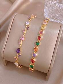 2pcsGlam Multicolor Rectangle Zirconia Gold‑Tone Bracelet, Sparkly Daily Accessory - Gold - View 4