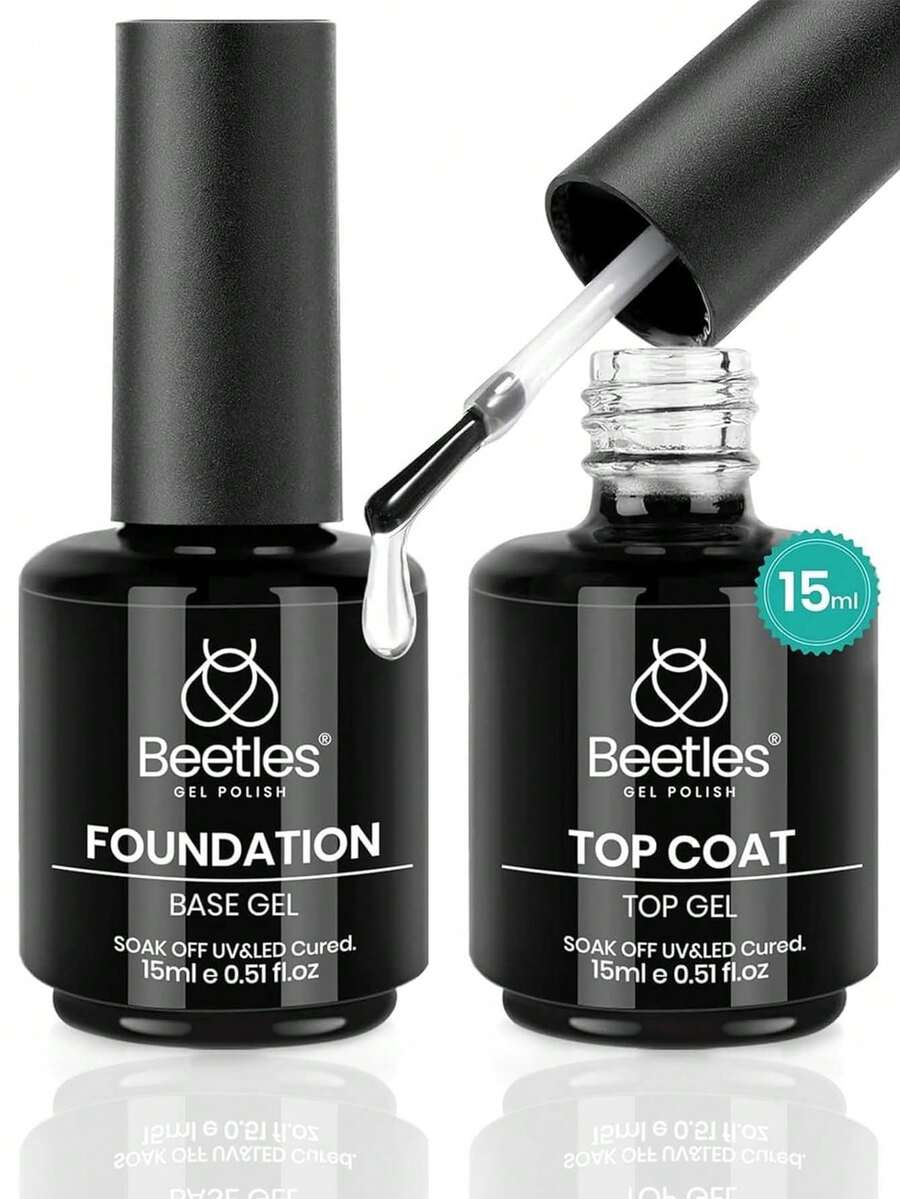 Beetles 2件組 15ml 凝膠底膠與頂膠套組，免擦拭高光澤亮面，長效浸泡式凝膠指甲油，適合DIY美甲，需搭配UV LED燈使用 - 2入 15ml 免擦拭凝膠底油與封層套裝 - 查看 1