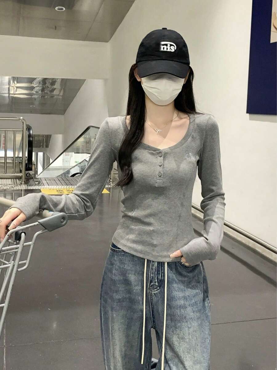 Women's Casual Embroidered Long Sleeve T-Shirt, Regular Shoulder Base Layer Top, Autumn - Grey - View 1
