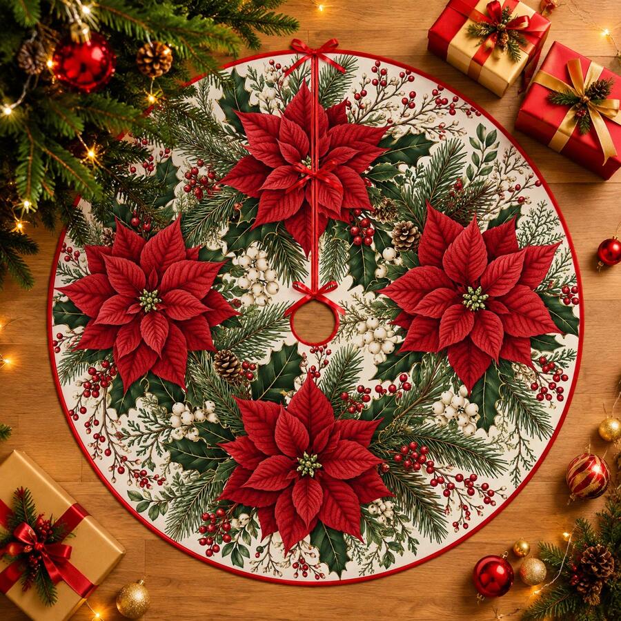 1pc Christmas Flower Pattern Christmas Tree Skirt, Elegant Color Holiday Decor, 5 Sizes, Unisex Holiday Gift, Suitable For Home And Party Christmas Home Decoration - Christmas Flower - View 1