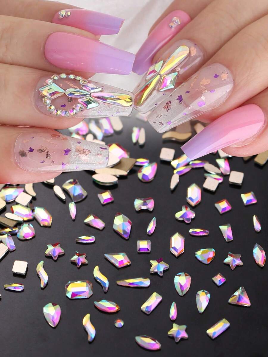 50pcs Assorted Shapes Flat Back AB Rhinestone Nail Art Charms, Heart ...