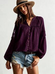 Rusttydustty Women's Standard Size Long Sleeve White Lace Blouse, Casual Vacation Bohemian Style, Suitable For Autumn - Red Violet - View 6