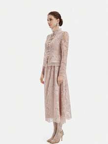 Rich Radi Q's Women's Elegant Lace Patchwork Long Sleeve 2 Pieces Set, Pink Stand Collar Top With Flowy Long Skirt - Pink - View 3