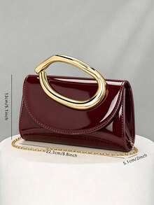 Fashionable Metal Decor Mini Clutch, Elegant Glossy Metal Strip Accents, Luxurious Texture, Suitable For Evening Gowns, Weddings, Parties, Includes Metal Chain - Burgundy - View 4