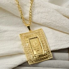 Collar con colgante de etiqueta rectangular de rosa chapado en oro de 14K sobre cobre, diseño floral retro hueco y grabado, joyería de moda vintage de declaración para mujeres - Dorado - Ver 1