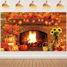 1pc Fall Thanksgiving Decoration Thanksgiving Fireplace Backdrop Autumn Harvest Pumpkin Background Thanksgiving Day Maple Leaf Sunflower Banner For Thanksgiving Fall Birthday Party Photo Props Supplies - Multicolor - View 1