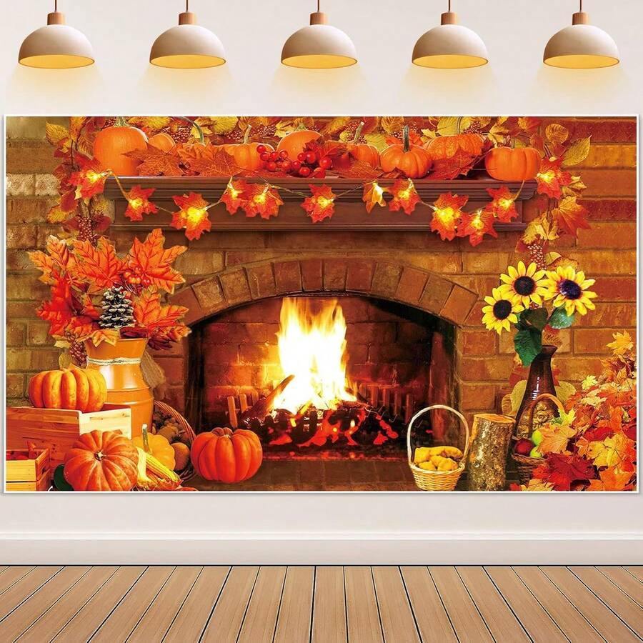 1pc Fall Thanksgiving Decoration Thanksgiving Fireplace Backdrop Autumn Harvest Pumpkin Background Thanksgiving Day Maple Leaf Sunflower Banner For Thanksgiving Fall Birthday Party Photo Props Supplies - Multicolor - View 1