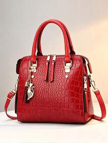 Tas Tangan Wanita Motif Buaya Mengkilap Kulit Paten Hijau dengan Pegangan Atas, Tas Selempang Bahu yang Dapat Dilepas dengan Liontin Rumbai - Hijau - View 17