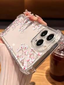 1pc Transparent Four-Corner Flower Phone Case Pink Cherry Blossom Pattern Soft Shell, Minimalist Cute Anti-Drop Protective Cover, Suitable For GALAXY, HONOR, Phones - Clear - View 2